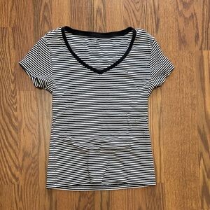Black and White Striped V-Neck Women's Top
